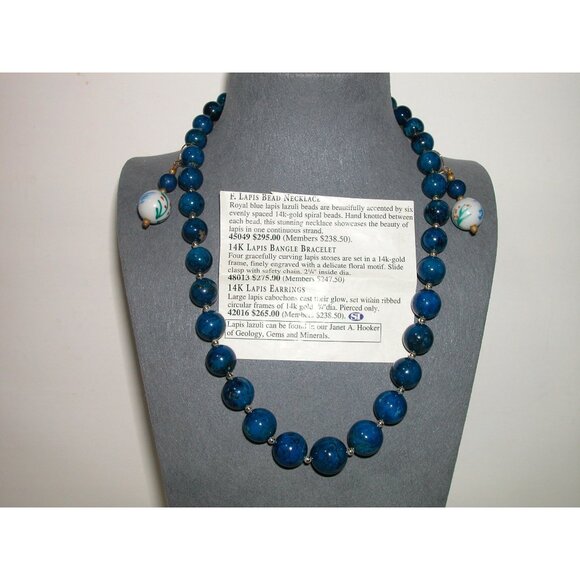 14K Gold Lapis Lazuli Necklace & 2 Pair Earrings Set With Hand-Painted Porcelain - Picture 1 of 7